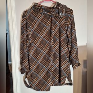 Robert Louis Plaid Blouse With Jeweled Cowl Neck-3/4 Length Sleeve Brown & Blue